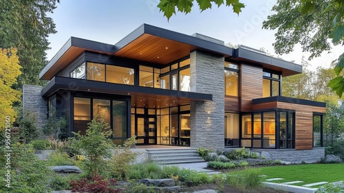 Contemporary home exterior with a mix of wood and stone cladding, large windows, and a minimalist garden, showcasing a blend of natural materials and modern design