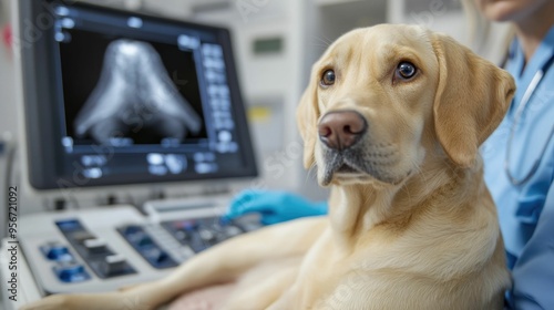 Veterinary professional using an advanced ultrasound machine to perform a diagnostic examination on a pregnant dog in a veterinary clinic or hospital setting