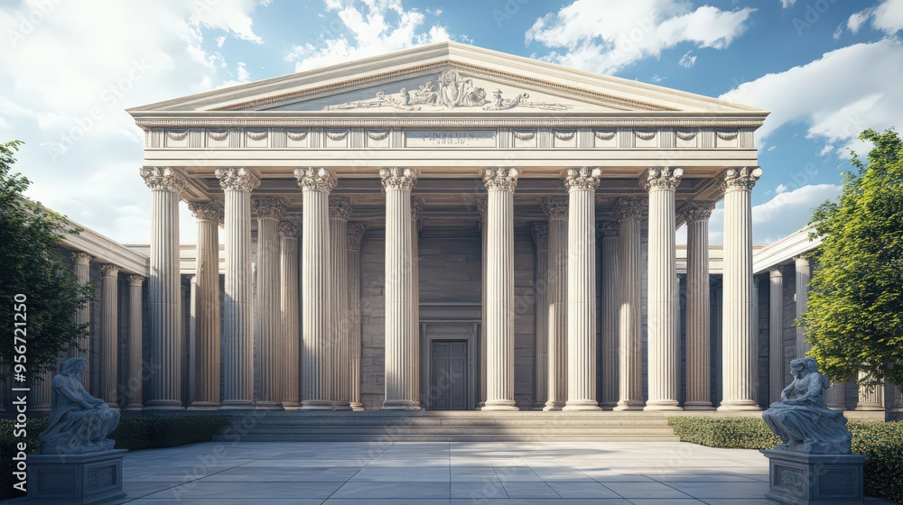 Fototapeta premium A government building with a monumental facade, including large columns, detailed sculptures,