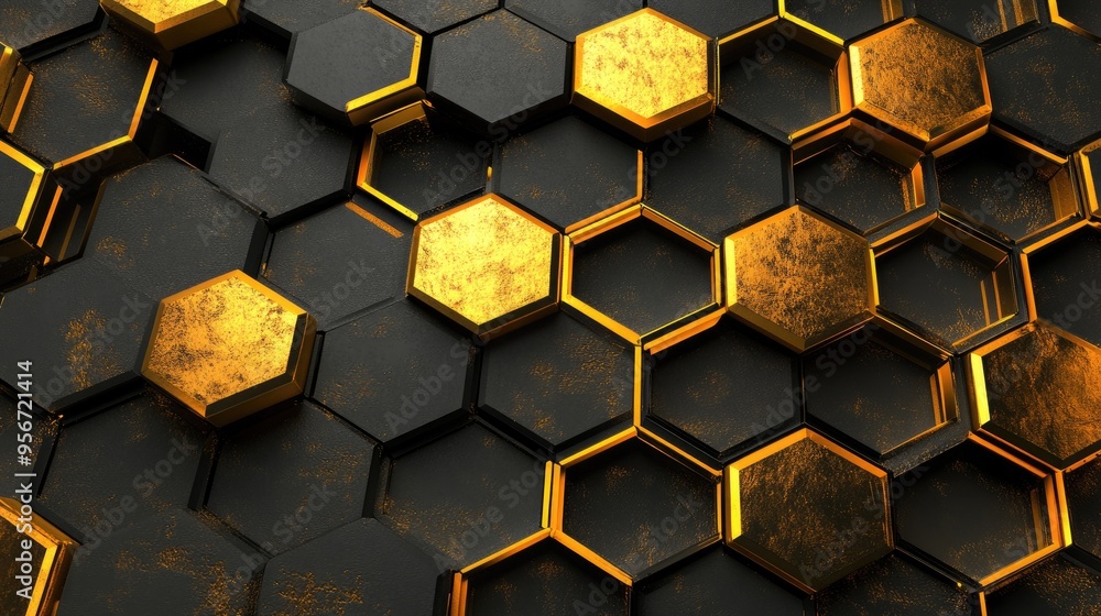Abstract 3D honeycomb pattern in gold and black, with glossy and metal textures, creating a striking background. Abstract 3D honeycomb pattern in gold and black, with glossy and metal textures, creating a striking background.