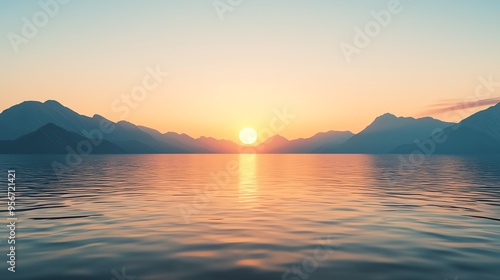 Sunset over a serene lake, summer evening, 3D illustration