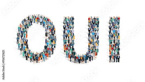 illustration vectorielle représentant une foule de personnages formant le mot "OUI" en français