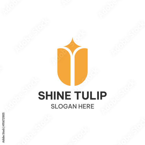 Shine tulip logo template in simple flat style. Tulip and glare vector illustration