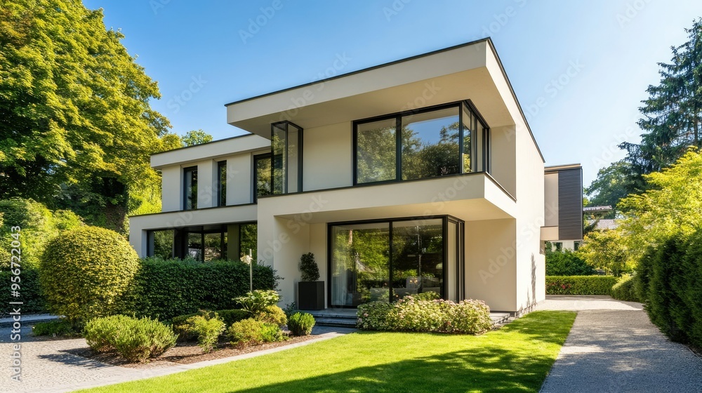 Contemporary two-story house with a cream exterior, sleek black glass windows, and a well-maintained garden, ideal for luxury home listings Contemporary two-story house with a cream exterior, sleek black glass windows, and a well-maintained garden, ideal for luxury home listings