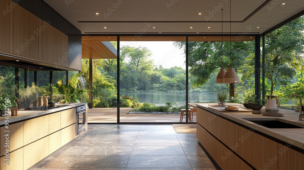 Fototapeta premium Modern kitchen with large windows overlooking a lush garden