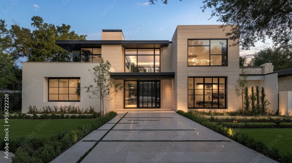 Contemporary villa exterior with cream walls, sleek black glass windows, and a landscaped front yard, presenting a perfect blend of modern design and natural beauty Contemporary villa exterior with cream walls, sleek black glass windows, and a landscaped front yard, presenting a perfect blend of modern design and natural beauty