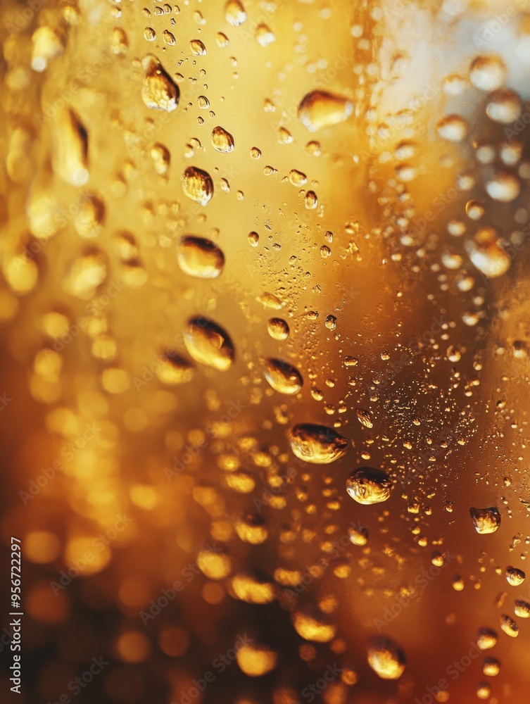 Water droplets on glass with a golden background, macro Water droplets on glass with a golden background, macro