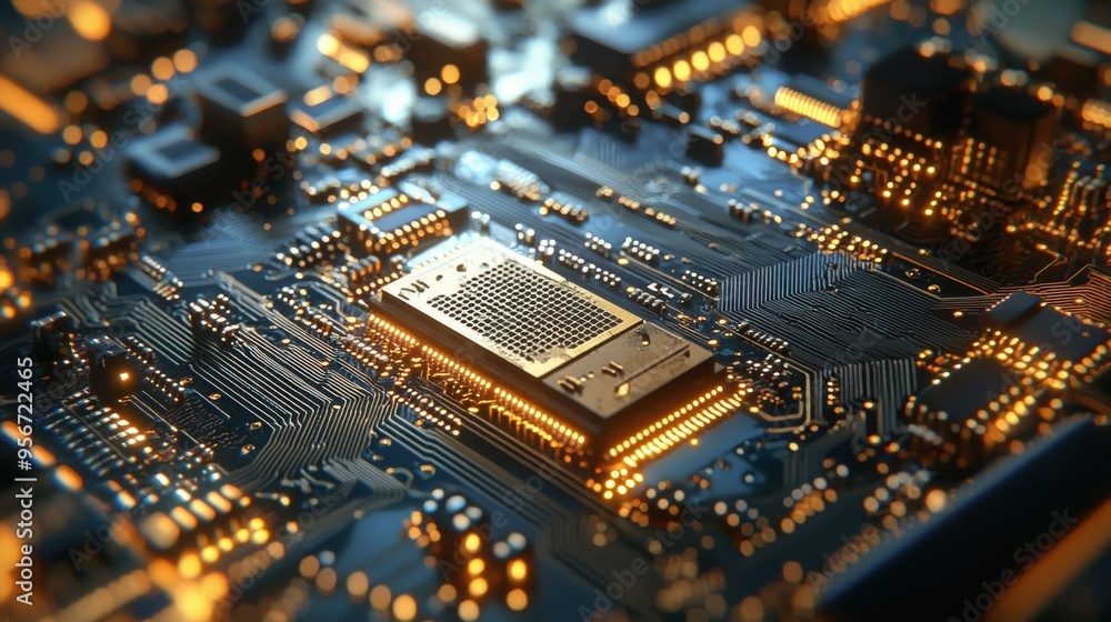 Close-up view of a circuit board showcasing intricate technology, with glowing components that illustrate modern electronics. Close-up view of a circuit board showcasing intricate technology, with glowing components that illustrate modern electronics.