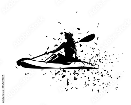 Woman on canoe, isolated vector ink drawing. Abstract vector silhouette. Kayaking water sport