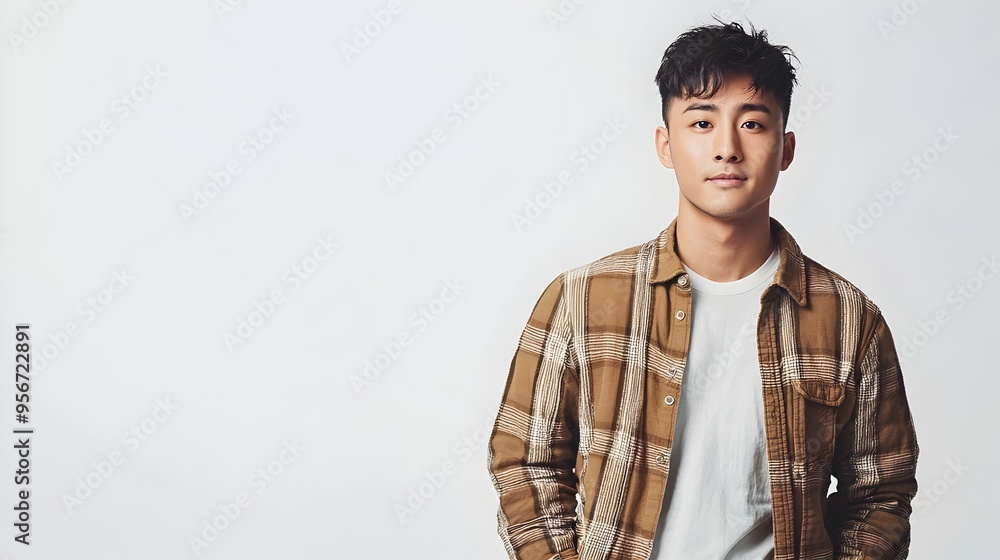 Sophisticated Asian Male Model in Casual Wear Posing against White Background Sophisticated Asian Male Model in Casual Wear Posing against White Background