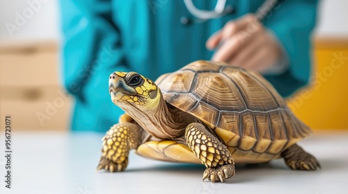 Veterinarian closely inspecting and checking a turtle s shell as part of comprehensive reptile healthcare and medical treatment in a wildlife care and conservation setting photo