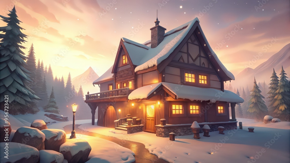 Obraz premium Cozy Snow-Covered Cottage in a Winter Wonderland