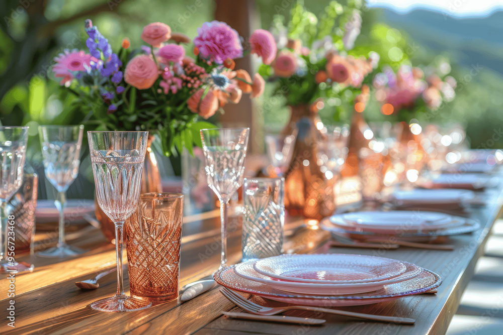 Outdoor Dining Table With Elegant Glassware And Vibrant Flowers Outdoor Dining Table With Elegant Glassware And Vibrant Flowers