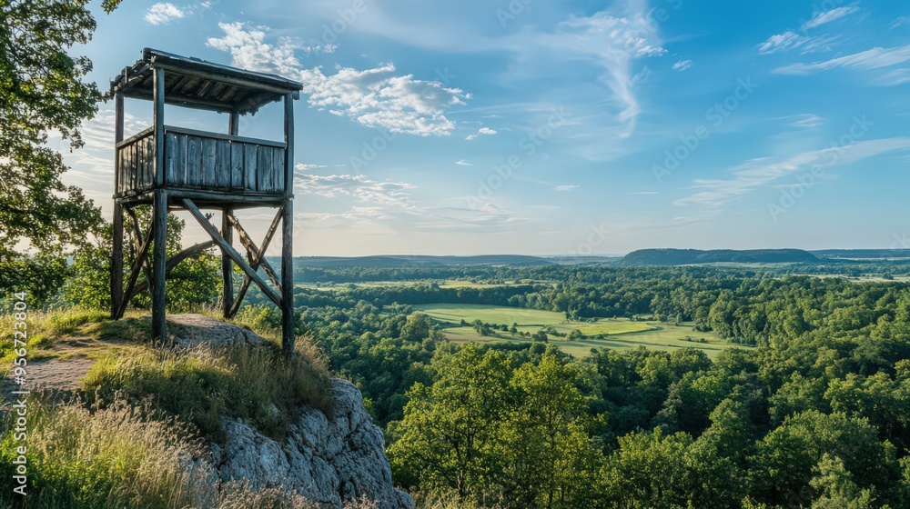 A historical watchtower with a wooden platform and protective walls, offering a panoramic view of the surrounding landscape A historical watchtower with a wooden platform and protective walls, offering a panoramic view of the surrounding landscape