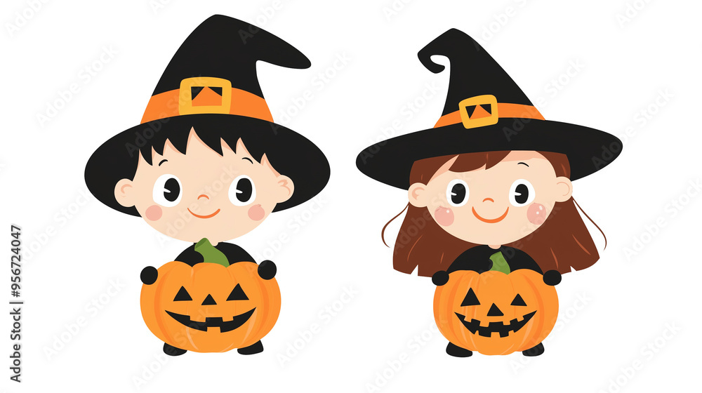 Halloween children with pumpkins, spooky boy and girl, brother and sister on transparent background, Cartoon illustration of kids in witch costumes holding jack-o'-lanterns Halloween children with pumpkins, spooky boy and girl, brother and sister on transparent background, Cartoon illustration of kids in witch costumes holding jack-o'-lanterns