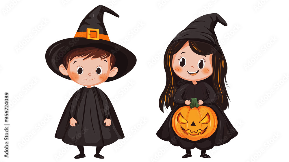 Halloween children, spooky boy and girl, brother and sister on transparent background, Cartoon illustration of kids in witch costumes with pumpkin Halloween children, spooky boy and girl, brother and sister on transparent background, Cartoon illustration of kids in witch costumes with pumpkin