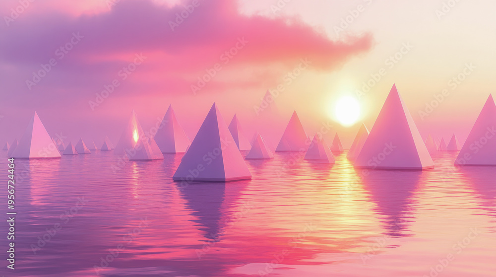 Naklejka premium An imaginative landscape showcasing numerous geometric pyramids rising from a tranquil water surface against a pink sunset.