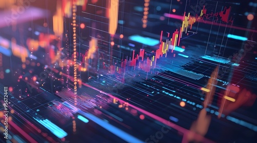 Glowing Digital Financial Data and Market Trends Displayed on Futuristic Interface