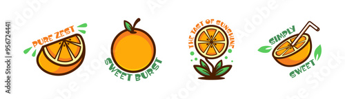 Orange fruit collection of fresh oranges fresh summer fruit, citrus mandarin fruit, sticker vector illustration