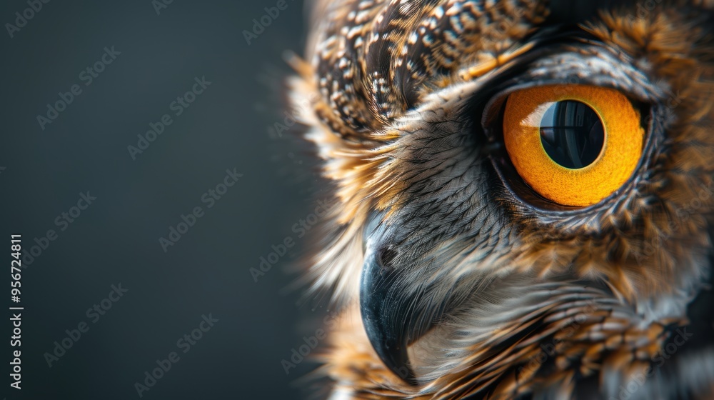 Close-up of an owl showcasing its striking eye and detailed feathers, symbolizing wisdom and mystery in nature. Close-up of an owl showcasing its striking eye and detailed feathers, symbolizing wisdom and mystery in nature.
