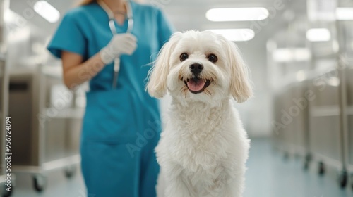 Professional veterinary technician carefully grooming and trimming a long haired dog s coat to maintain optimal health hygiene and appearance of the pet s furry mane photo