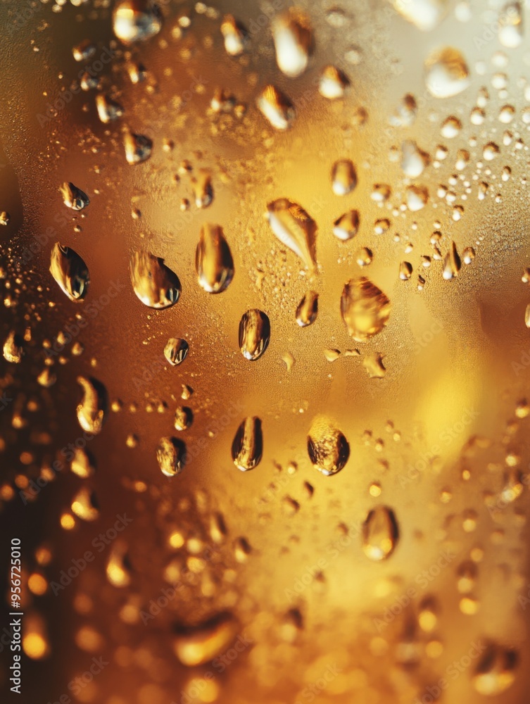 Water droplets on glass with a golden background, macro Water droplets on glass with a golden background, macro