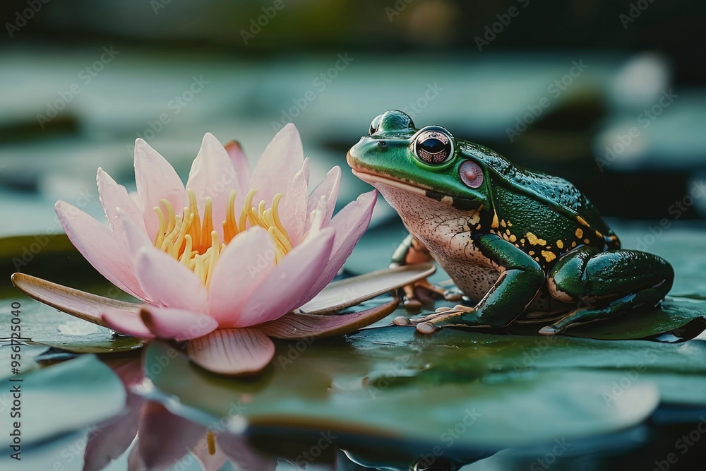 Green Frog Perched on a Lily Pad Beside a Water Lily Green Frog Perched on a Lily Pad Beside a Water Lily