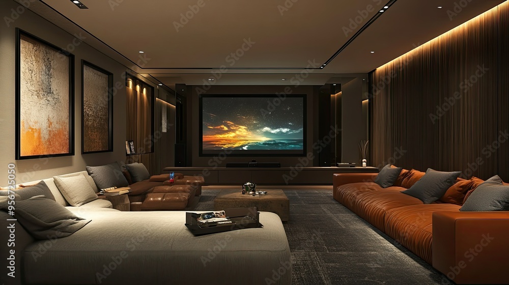 Elegant home theater room inside a modern apartment with comfortable seating, a large screen, and state-of-the-art sound system, designed for the ultimate entertainment experience Elegant home theater room inside a modern apartment with comfortable seating, a large screen, and state-of-the-art sound system, designed for the ultimate entertainment experience