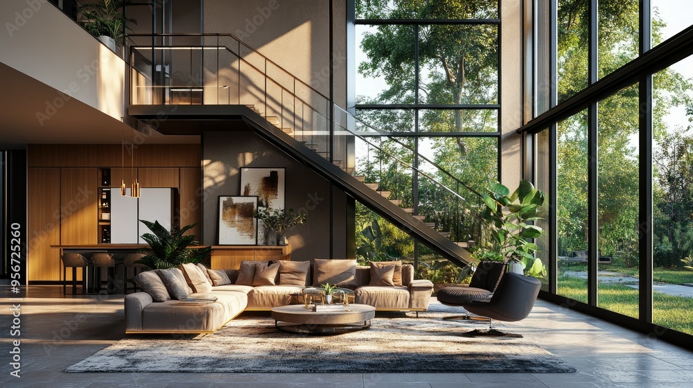 Elegant interior of a modern residence with a stylish staircase, contemporary decor, and large windows, set up to attract buyers in the real estate market Elegant interior of a modern residence with a stylish staircase, contemporary decor, and large windows, set up to attract buyers in the real estate market
