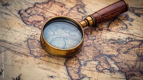 An antique magnifying glass on a vintage map, emphasizing continents. Ideal for themes of travel, history, or research.