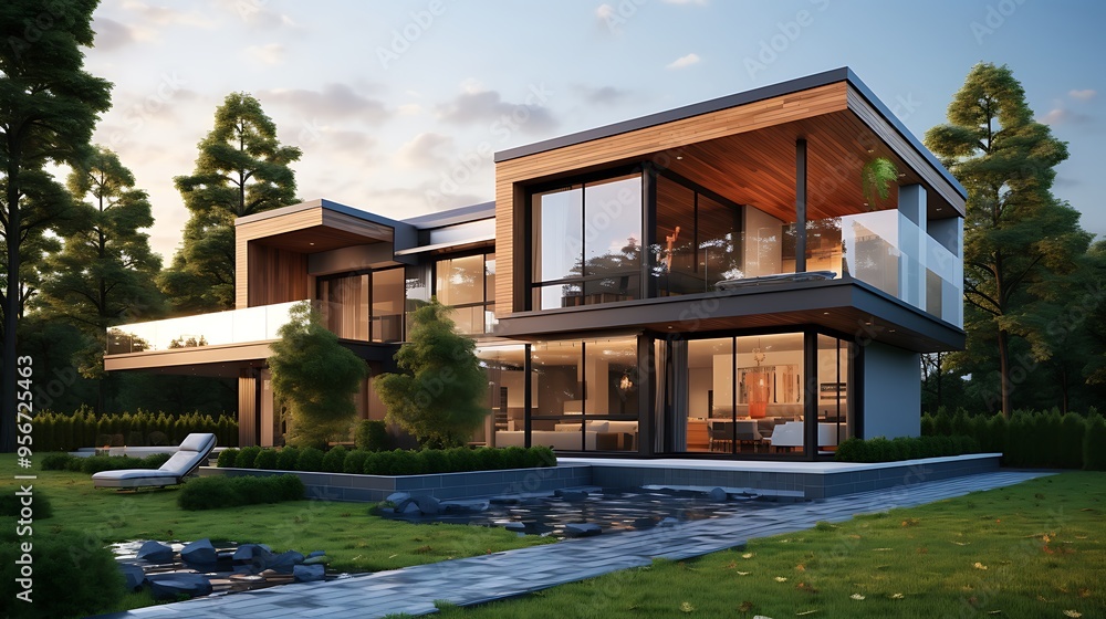 Fototapeta premium A serene image of a modern eco-friendly home with energy-efficient windows and green landscaping, showcasing sustainable architecture.