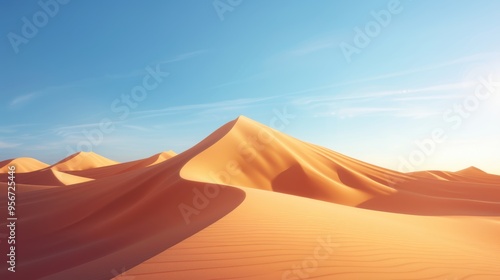 Serene desert landscape featuring golden dunes and a clear blue sky, perfect for travel and nature themes. photo