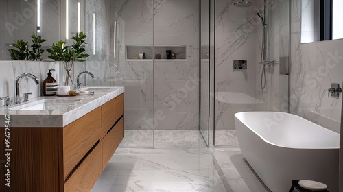 Elegant modern bathroom featuring a marble double sink vanity, a freestanding bathtub, and a glass shower with chrome fixtures photo