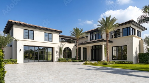 Elegant villa with cream-colored walls, black glass windows, and a spacious driveway, designed with a modern architectural style for luxury real estate photography