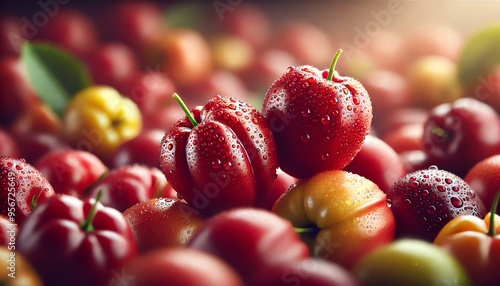 An image of ripe acerola cherries. The fruits have a natural, slightly glossy texture with visible water droplets photo