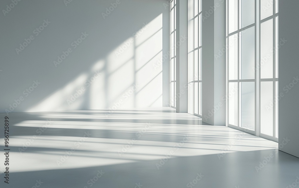 Fototapeta premium Minimalist Abstract White Background with Soft Shadows and Light Reflections, Ideal for Product Display or Advertising Backdrop in a Studio Setting
