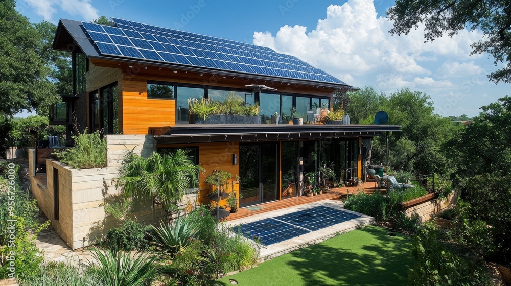 Fototapeta premium Exterior of a modern eco-friendly home with solar panels on the roof, sustainable materials, and a lush green garden, promoting sustainable living