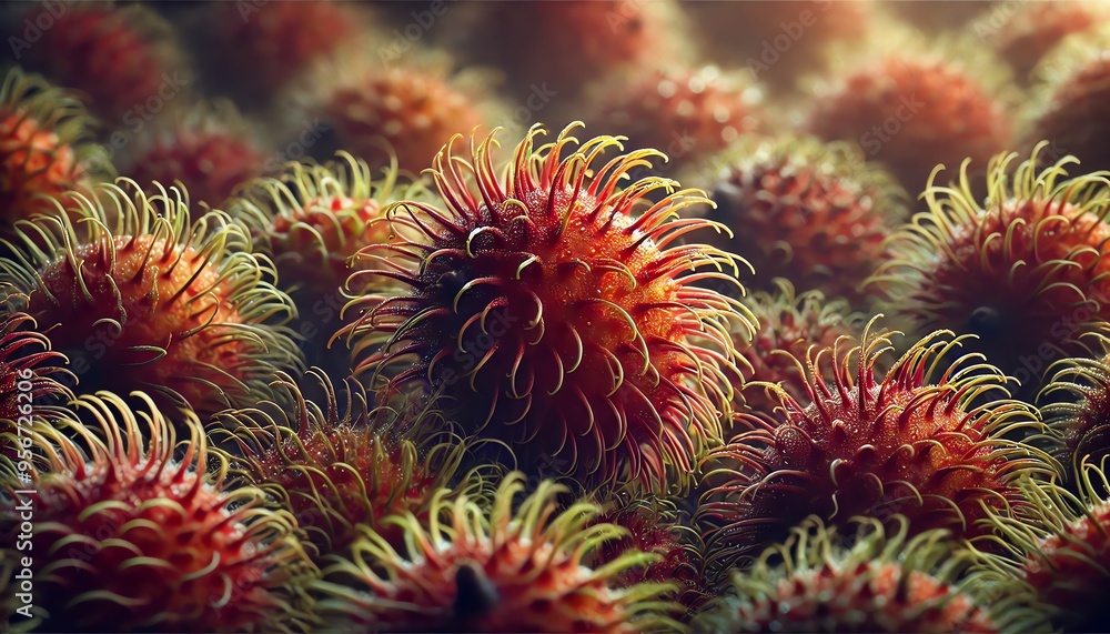 An image of ripe rambutans. The fruits have a natural, slightly glossy texture with visible water droplets An image of ripe rambutans. The fruits have a natural, slightly glossy texture with visible water droplets