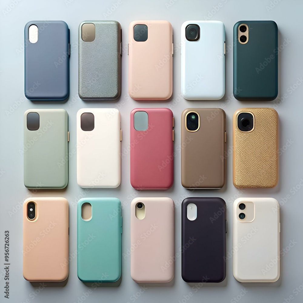 A flat lay of colorful phone cases on a white background. A flat lay of colorful phone cases on a white background.