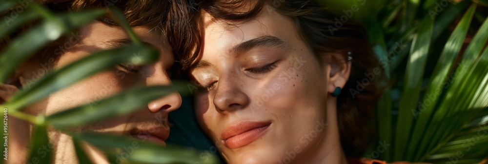 A couple rests peacefully amidst lush greenery, enjoying a serene moment of relaxation and closeness, representing love, tranquility, and connection with nature. A couple rests peacefully amidst lush greenery, enjoying a serene moment of relaxation and closeness, representing love, tranquility, and connection with nature.