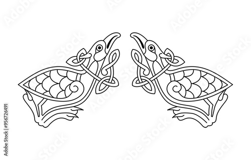 Celtic national style interlaced pattern with birds. Celtic knot vector illustration. Ancient nordic symbol.