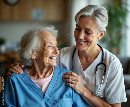 Female doctor smiling and comforting elderly patient at home