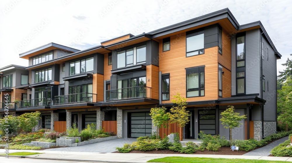 Obraz premium Exterior of a modern townhouse with a clean, minimalist design, including a spacious balcony, large windows, and a landscaped front yard