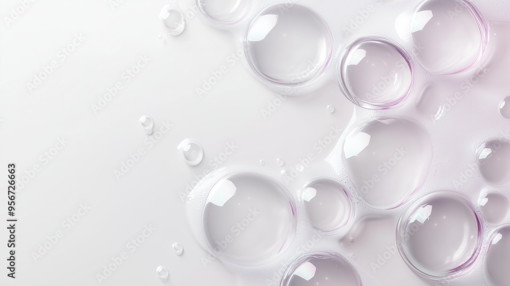 Close-up of transparent water droplets on a smooth white surface illuminated by soft light during the daytime Close-up of transparent water droplets on a smooth white surface illuminated by soft light during the daytime