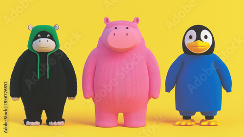 3D cartoon animation characters of animal team gangster on adventure, whimsical, funny, cute penguin, hippo, pink pig for cartoon film movie storyboard, character development concept