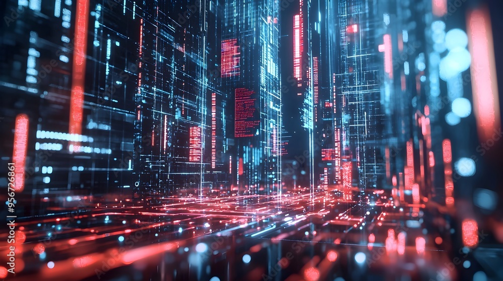 Futuristic Neon-Lit Urban Cityscape with Glowing Skyscrapers and Digital Data Matrix Futuristic Neon-Lit Urban Cityscape with Glowing Skyscrapers and Digital Data Matrix