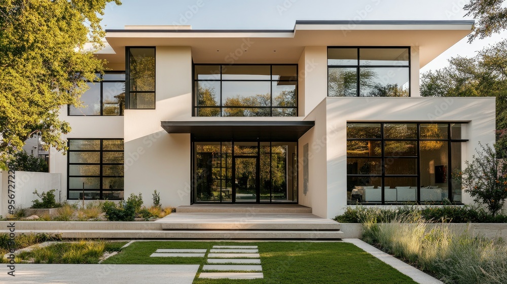 Exterior of a two-story modern house with cream walls and sleek black glass windows, framed by a minimalist garden, ideal for showcasing elegant architecture Exterior of a two-story modern house with cream walls and sleek black glass windows, framed by a minimalist garden, ideal for showcasing elegant architecture