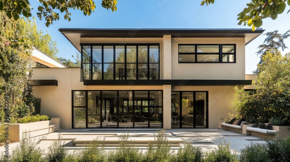 Exterior of a two-story modern house with cream walls and sleek black glass windows, framed by a minimalist garden, ideal for showcasing elegant architecture Exterior of a two-story modern house with cream walls and sleek black glass windows, framed by a minimalist garden, ideal for showcasing elegant architecture