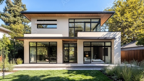 Exterior of a two-story modern house with cream walls and sleek black glass windows  framed by a minimalist garden  ideal for showcasing elegant architecture