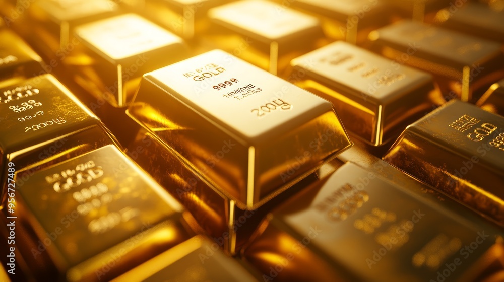 Warehouse with gold. Precious metal for state reserves. Gold bars lie on top of each other. Golden background. Gold bars of 1 kilogram. Aurum metal in ingots. Bullion for investment. 3d image.